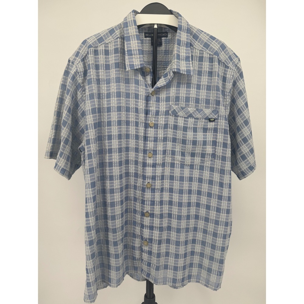 ExOfficio Mens XL Blue White Plaid Short Sleeve Button Down Hiking Travel Shirt